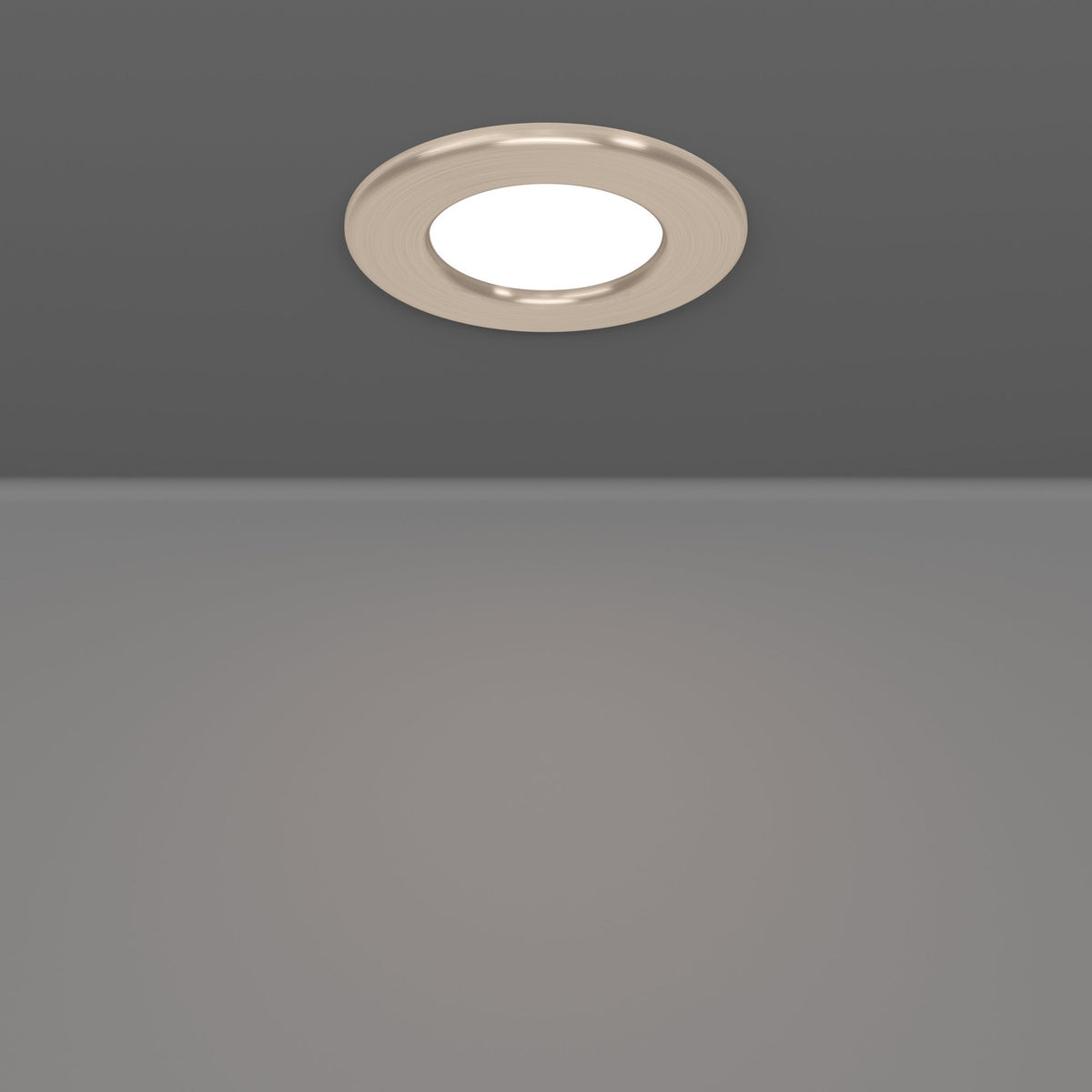 Gosmelle round LED downlight with satin nickel bezel and white diffuser, recessed into a grey ceiling, 8.8cm, integrated non-dimmable LED.