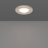 Gosmelle round LED downlight with satin nickel bezel and white diffuser, recessed into a grey ceiling, 8.8cm, integrated non-dimmable LED.