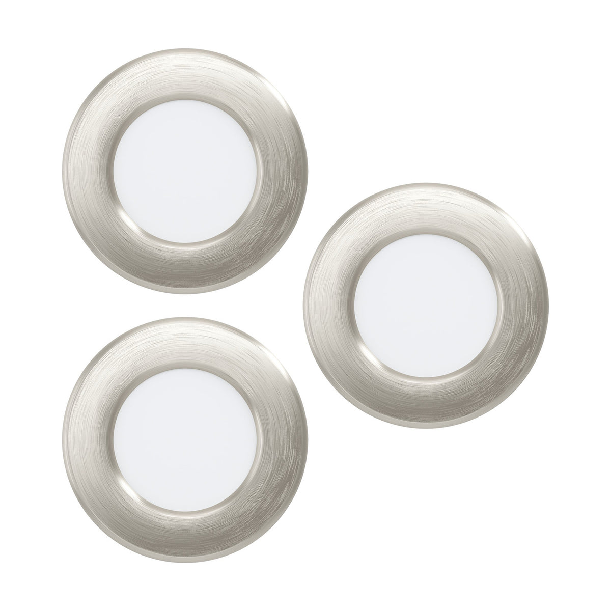 Gosmelle LED downlight set of 3, round satin nickel bezels with white diffusers, 8.8cm integrated ceiling lights on a plain white background.