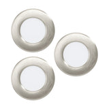 Gosmelle LED downlight set of 3, round satin nickel bezels with white diffusers, 8.8cm integrated ceiling lights on a plain white background.