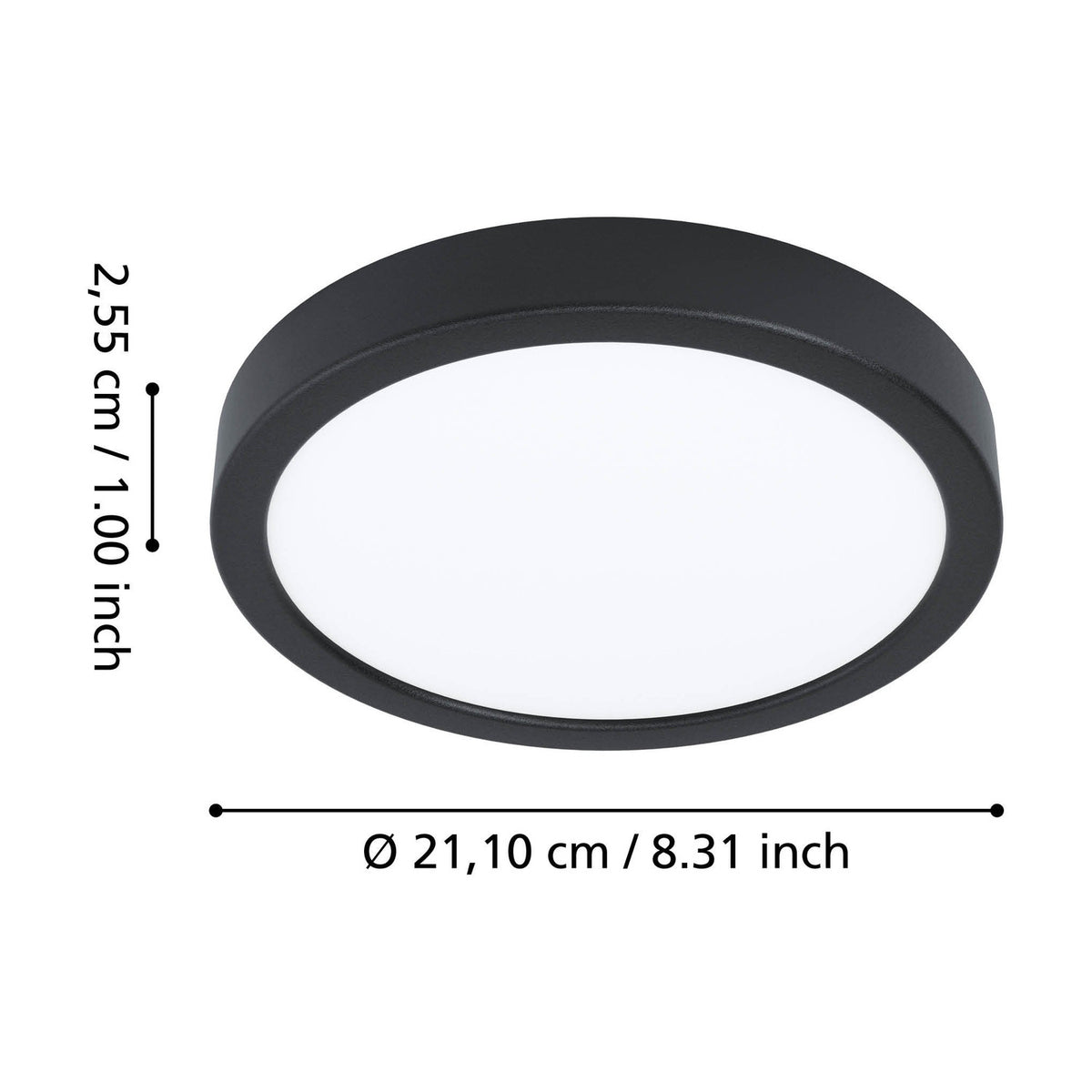 Gosmelle round LED downlight with black plastic body and white diffuser, shown with dimension labels for 21.1cm diameter and 2.55cm depth on a white background.