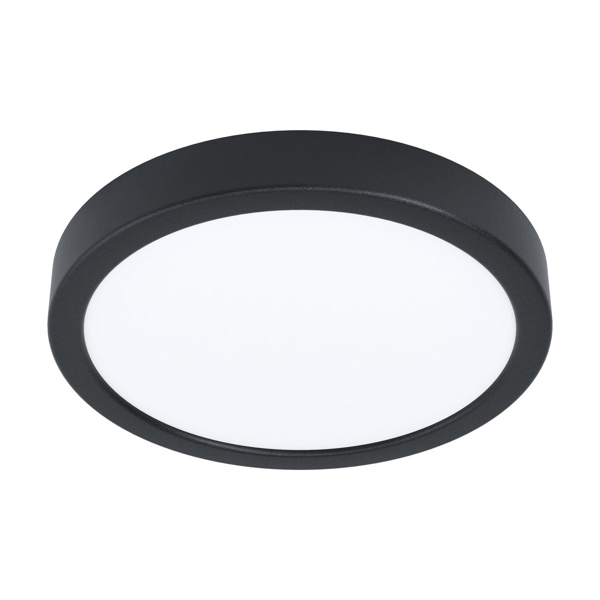 Gosmelle round LED downlight, 21.1cm, with black plastic surround and white diffuser, slim low-profile design, shown at an angle on a plain white background.