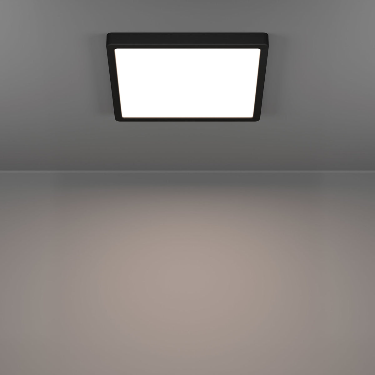 Gosmelle square LED downlight with black plastic frame and white diffuser panel, mounted flush on a grey ceiling, illuminated in a plain room setting.