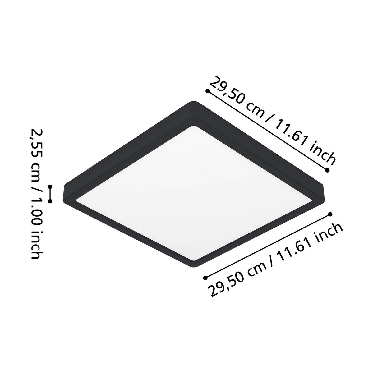 Gosmelle square LED downlight with black plastic frame and white diffuser, shown with dimension labels 29.50 x 29.50 x 2.55cm on a white background.