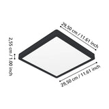 Gosmelle square LED downlight with black plastic frame and white diffuser, shown with dimension labels 29.50 x 29.50 x 2.55cm on a white background.