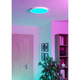 Gosmelle 38.9cm round LED downlight in white, shown recessed in a ceiling glowing cyan-blue, illuminating a hallway with a wooden door and pink-lit shelving.