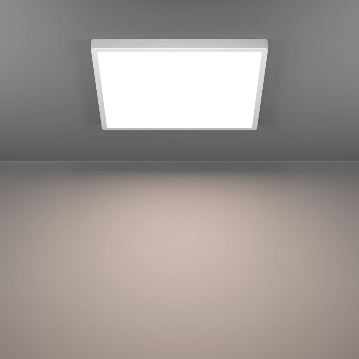 Gosmelle square LED downlight, 39 x 39cm, white plastic frame and diffuser, flush ceiling mount, shown lit with warm white glow against a grey wall.