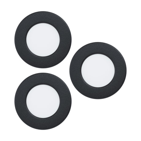 Gosmelle set of three round LED downlights with textured black plastic bezels and white diffusers, IP44 rated, shown on a plain white background.