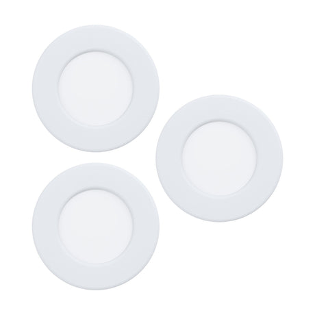 Gosmelle set of three round LED downlights with slim white plastic trims and flat white diffusers, shown on a plain white background.