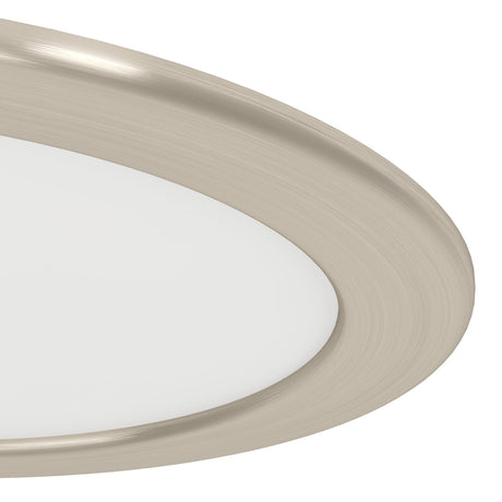 Close-up of the Gosmelle Smart LED Downlight, a round recessed fixture with a satin nickel brushed trim ring surrounding a white plastic diffuser, shown on a plain white background.