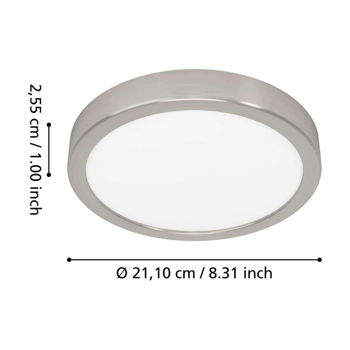 Gosmelle Smart LED Downlight in satin nickel, a round surface-mounted ceiling light with a white diffuser, shown with dimensions 21.1cm diameter and 2.55cm depth on a white background.