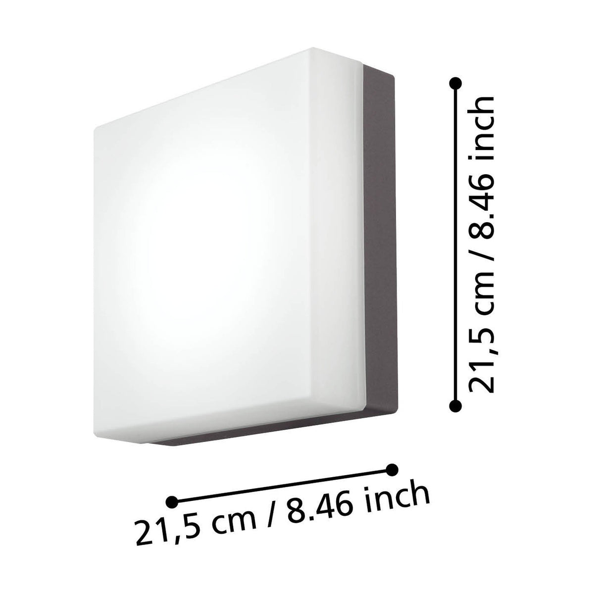 Gramane LED outdoor wall light with square anthracite plastic body and white diffuser, shown with dimension labels of 21.5cm width and height on a white background.