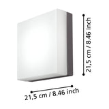 Gramane LED outdoor wall light with square anthracite plastic body and white diffuser, shown with dimension labels of 21.5cm width and height on a white background.