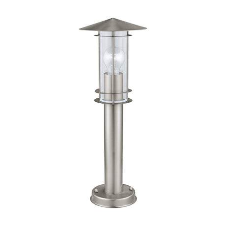 Granette Bollard Light in stainless steel, a single E27 lantern-style outdoor post light with conical hat, clear glass shade, and round base, shown on a plain white background.