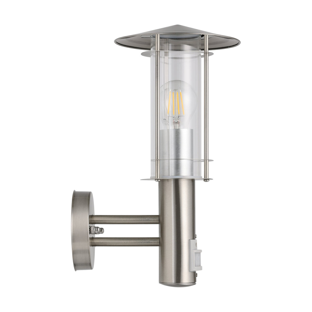 Granette outdoor wall light in stainless steel with motion sensor, featuring a hat-shaped cap over a clear glass cylinder and E27 bulb, mounted on a round wall plate, shown on a white background.