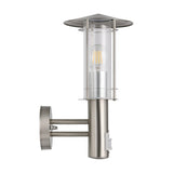 Granette outdoor wall light in stainless steel with motion sensor, featuring a hat-shaped cap over a clear glass cylinder and E27 bulb, mounted on a round wall plate, shown on a white background.