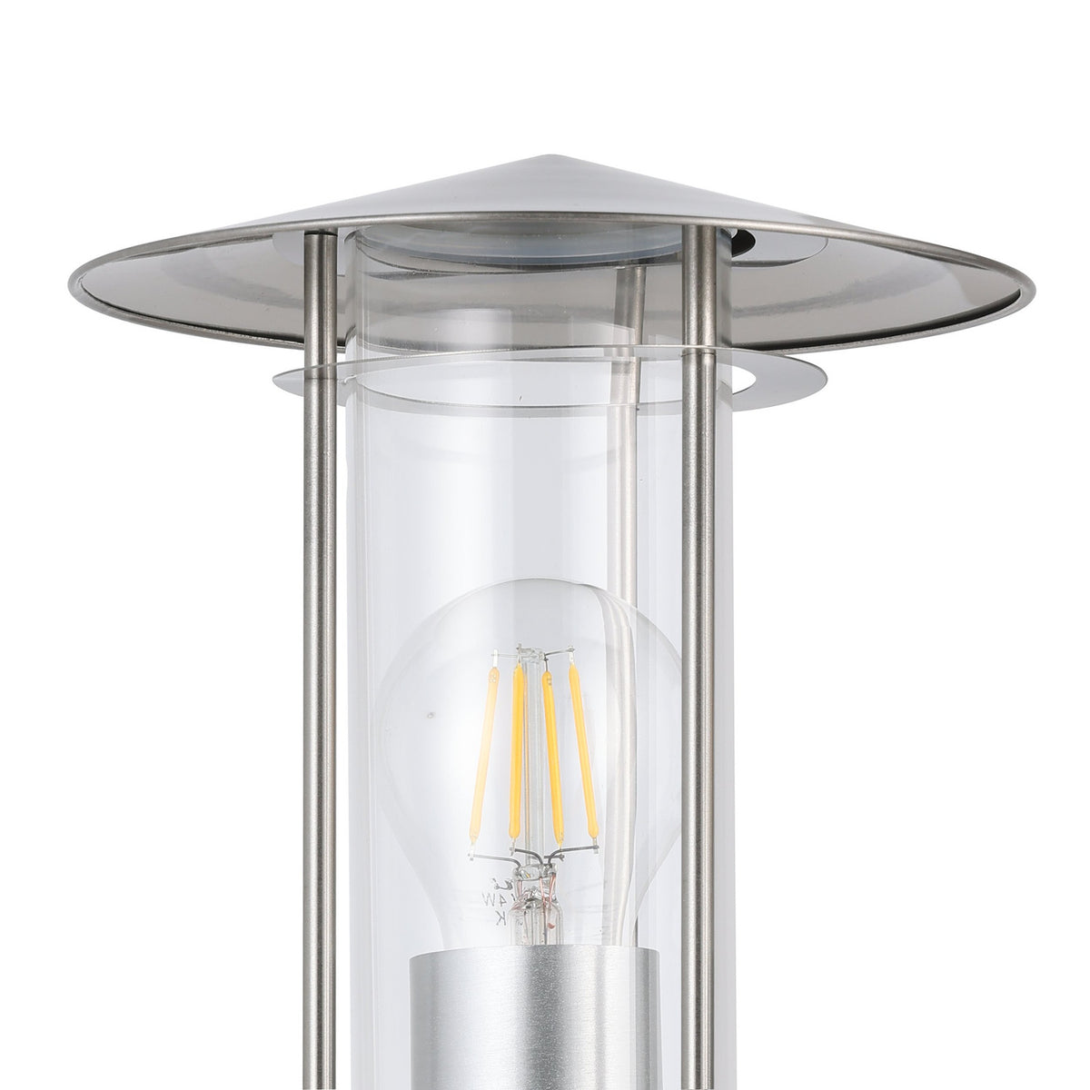 Close-up of the Granette outdoor wall light's stainless steel hat-shaped cap and clear glass cylinder with an exposed E27 filament bulb, set against a white background.