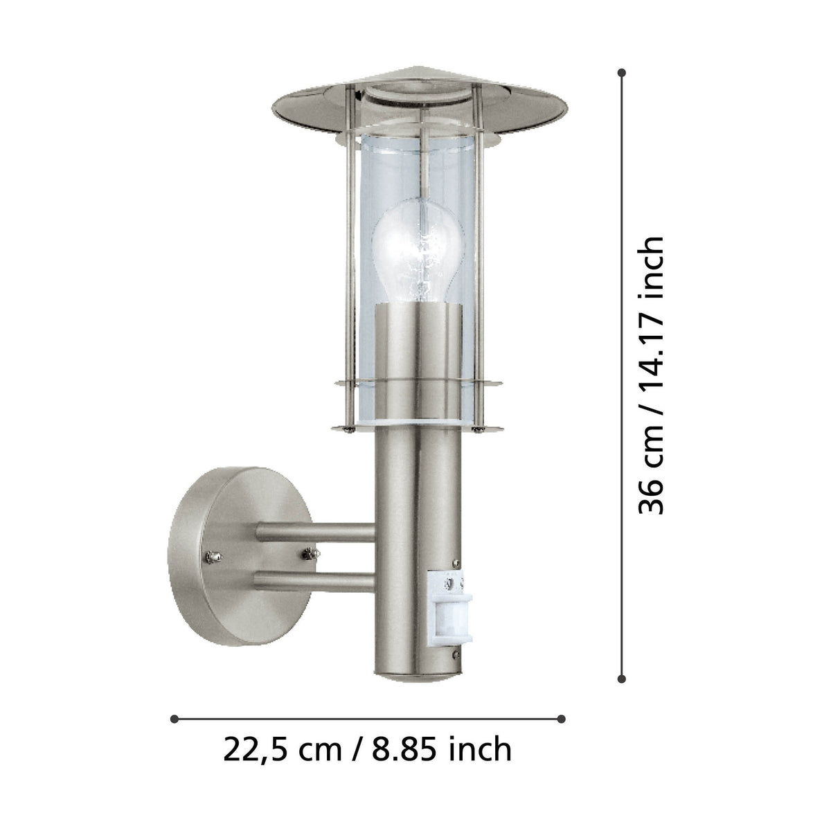 Granette outdoor wall light in stainless steel with clear glass cylinder shade, hat-shaped cap, motion sensor, and wall plate on two arms, shown with dimensions 36cm high and 22.5cm projection.