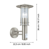 Granette outdoor wall light in stainless steel with clear glass cylinder shade, hat-shaped cap, motion sensor, and wall plate on two arms, shown with dimensions 36cm high and 22.5cm projection.