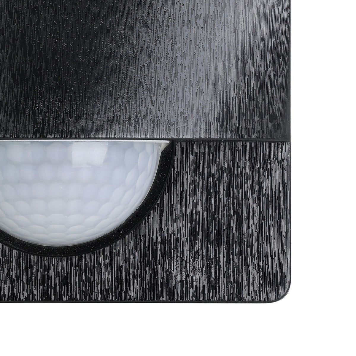 Close-up of the Granvena motion sensor in black, showing the square plastic housing with rounded corners and white half-dome lens.