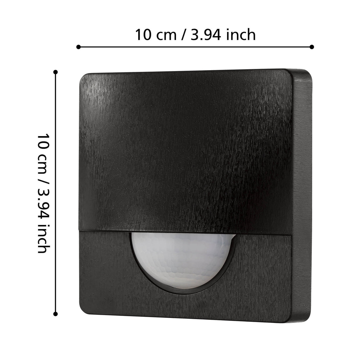 Granvena motion sensor in black, square plastic housing with rounded corners and white half-dome lens, shown with 10cm x 10cm dimensions on a white background.