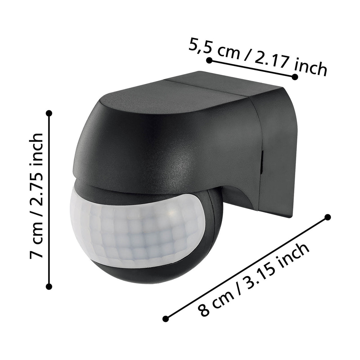 Granvena PIR Sensor 180° in black plastic, showing a ball-shaped head with white faceted lens, curved hood and square back plate, with dimensions labelled 5.5cm x 7cm x 8cm on a white background.