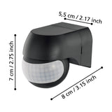 Granvena PIR Sensor 180° in black plastic, showing a ball-shaped head with white faceted lens, curved hood and square back plate, with dimensions labelled 5.5cm x 7cm x 8cm on a white background.