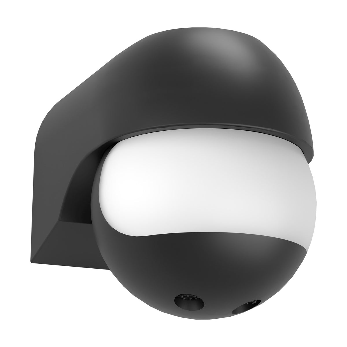 Granvena PIR Sensor 180° in black plastic, featuring a ball-shaped head with white faceted lens, curved hood, and square wall-mount back plate, shown on a plain white background.