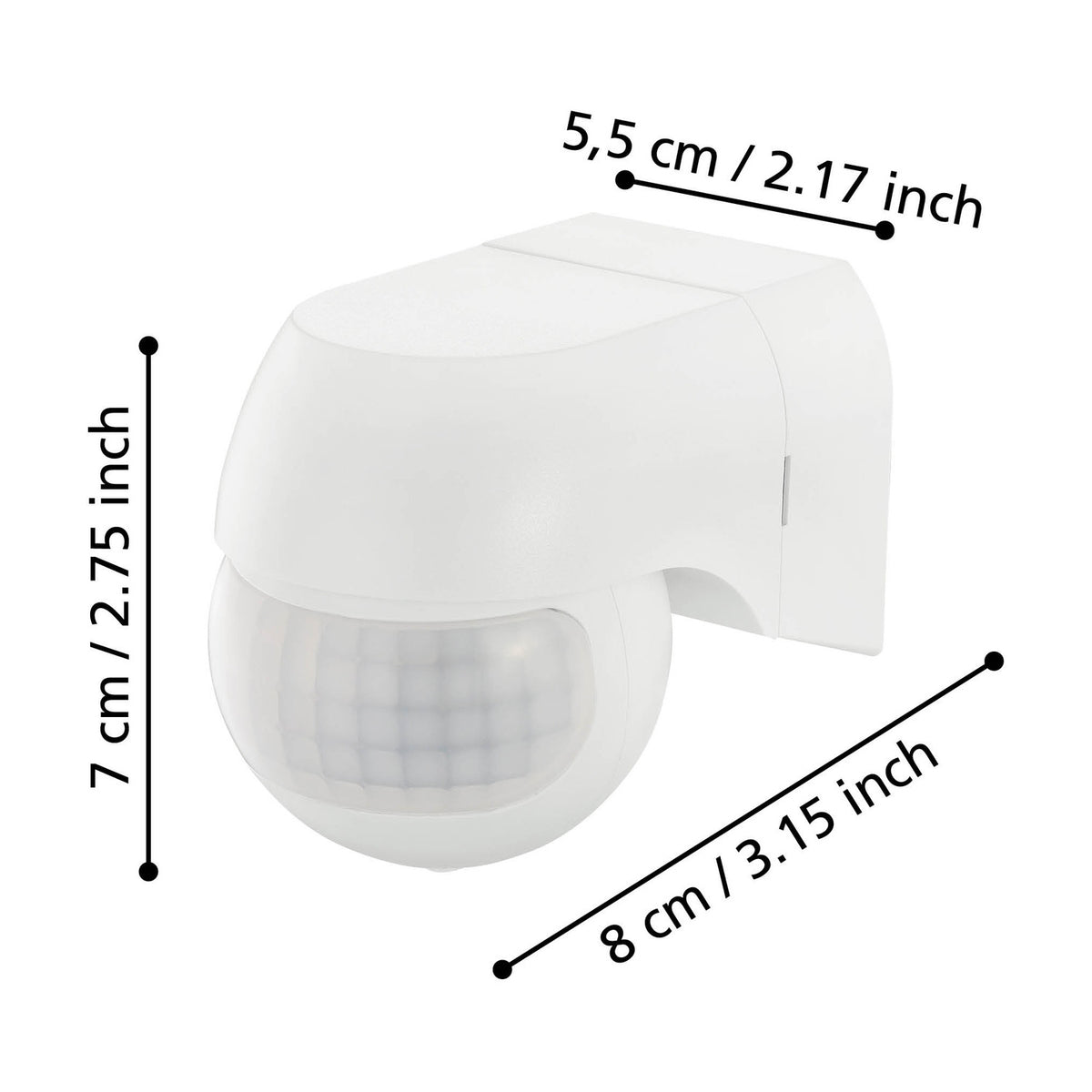 Granvena PIR Sensor 180° in white plastic with domed hood and round detector lens, shown with labelled dimensions 5.5cm x 7cm x 8cm on a white background.