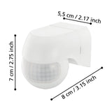 Granvena PIR Sensor 180° in white plastic with domed hood and round detector lens, shown with labelled dimensions 5.5cm x 7cm x 8cm on a white background.