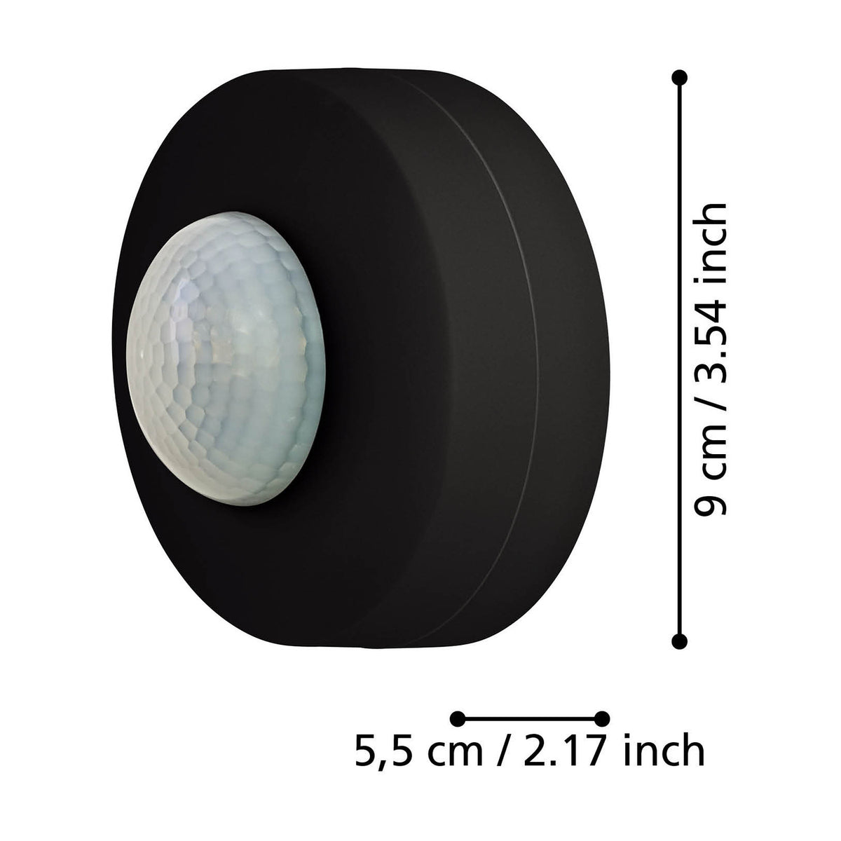 Granvena PIR Sensor 360° in black, round plastic motion sensor with white domed lens, shown with dimensions 9cm diameter and 5.5cm depth on a white background.