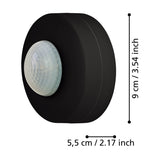 Granvena PIR Sensor 360° in black, round plastic motion sensor with white domed lens, shown with dimensions 9cm diameter and 5.5cm depth on a white background.