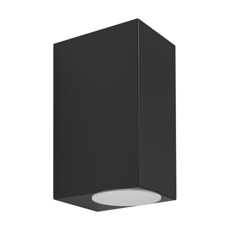 Granvenne 2 Light Outdoor Wall Light in black, a rectangular box fixture with a round lens visible at the base for downward light, shown on a plain white background.