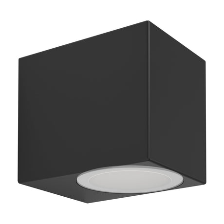 Granvenne Outdoor Wall Light in black, a compact box-shaped plastic fixture with a round downward-facing lens, GU10 fitting, IP44 rated, shown on a plain white background.