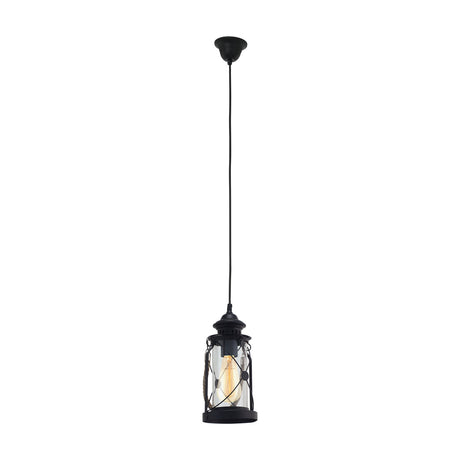 Grasmenne single-light pendant with black steel lantern frame, clear glass cylinder shade and rope handle, suspended on a long black cord against a plain white background.