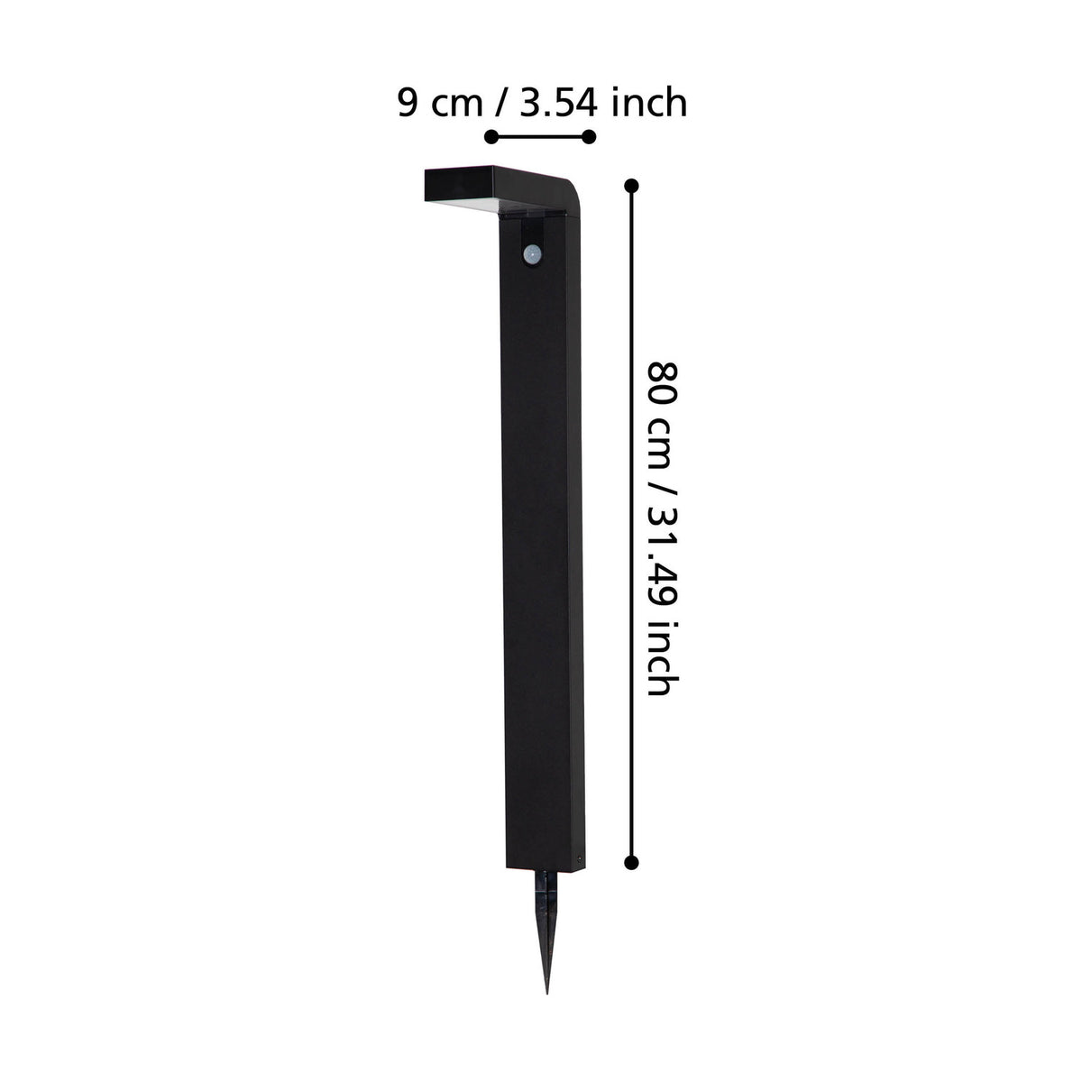 Grelbine Solar Outdoor Floor Lamp in black, a tall slim square post with an L-shaped head housing a solar panel, shown with 9cm and 80cm dimension markers on a white background.