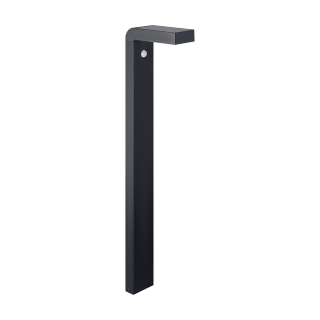 Grelbine Solar Outdoor Floor Lamp in black, a tall slim square post with a rounded bend into a flat head housing a solar panel and motion sensor, shown on a plain white background.