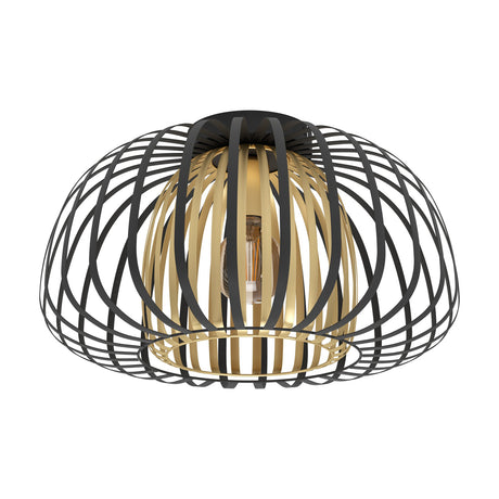 Grilvessa Ceiling Light featuring a wide black flat-steel strip cage nested over a narrower gold cage with visible E27 bulb, shown on a plain white background.