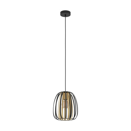 Grilvessa Pendant Light 25.5cm in black and gold, a single-light ceiling fixture with a rounded steel strip cage shade on a black cord and ceiling rose, shown on a plain white background.