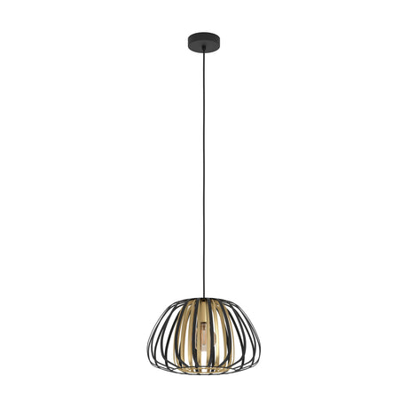 Grilvessa Pendant Light 37.5cm in Black & Gold, a round open cage shade of black steel strips over gold, hung on a black cable from a black ceiling rose, shown on a plain white background.
