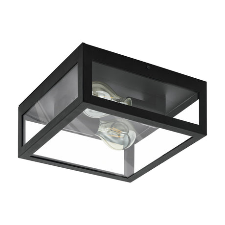 Gromora square flush ceiling light with black steel frame, clear glass panels and two visible E27 bulbs, shown on a white background.