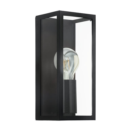 Gromora Bathroom Wall Light in black steel with clear glass panels forming a box lantern, single E27 bulb holder visible, shown on a plain white background.