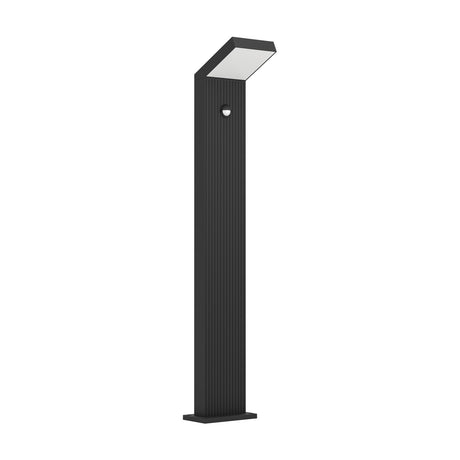 Grottazzolina LED bollard light in black ribbed aluminium with angled opal shade head and built-in motion sensor, on a flat base plate against a plain white background.