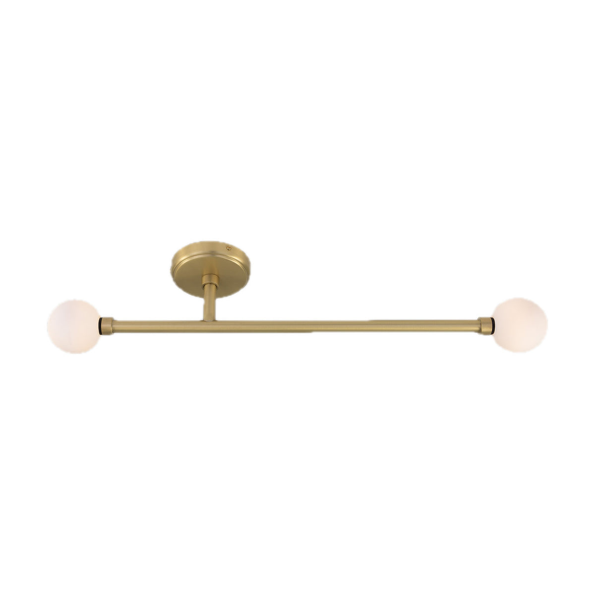 Gunning Twin Glass Globe Semi Flush Ceiling Light IP44 in satin brass, with two opal glass globes on a slim horizontal bar and round ceiling plate, shown on a plain white background.