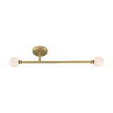 Gunning Twin Glass Globe Semi Flush Ceiling Light IP44 in satin brass, with two opal glass globes on a slim horizontal bar and round ceiling plate, shown on a plain white background.