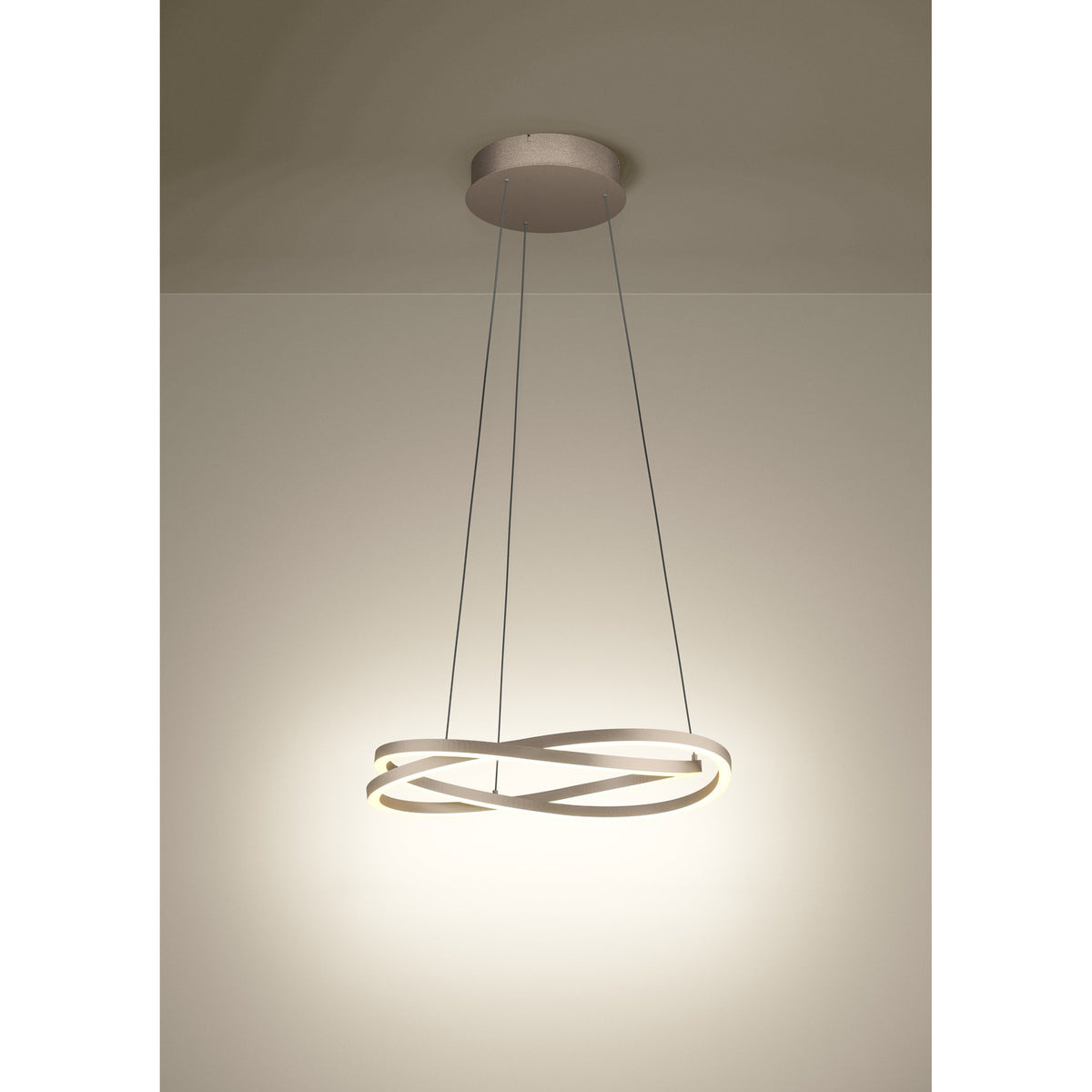 Guntin Pendant Light in bronze, featuring interlaced twisting steel bands with integrated LED diffusers, suspended on three slim wires from a round ceiling canopy against a plain light background.