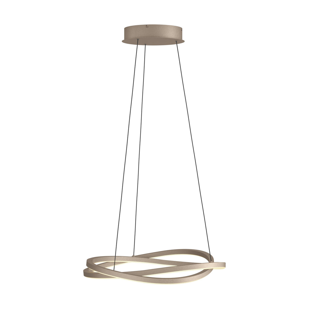 Guntin Pendant Light in bronze-finish steel with interlaced, twisting bands and integrated LED strips, suspended on three thin wires from a round canopy against a plain white background.