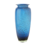 Tall blue glass vase with brown and bronze flecks, rounded body tapering to a narrower foot and a flared rim, shown on a plain white background.