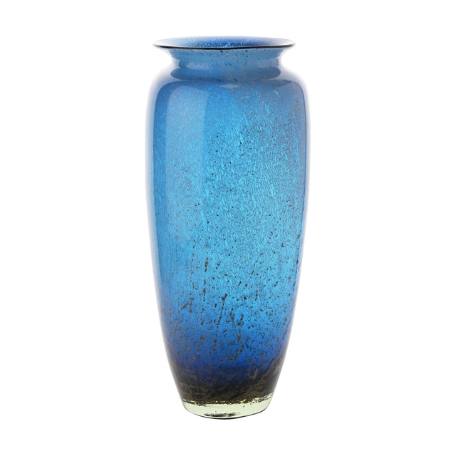 Tall blue glass vase with brown and bronze flecks, rounded body tapering to a narrower foot and a flared rim, shown on a plain white background.