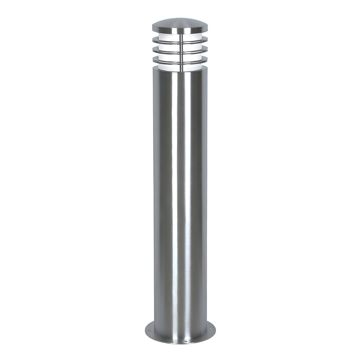 Introducing the Sandbanks 1 Light Bollard in Silver, a stylish outdoor lighting solution featuring a sleek cylindrical design and rounded top, accented by horizontal slats around the light source. Its robust base ensures secure installation, while its IP44 rating promises dependable performance in all weather conditions.